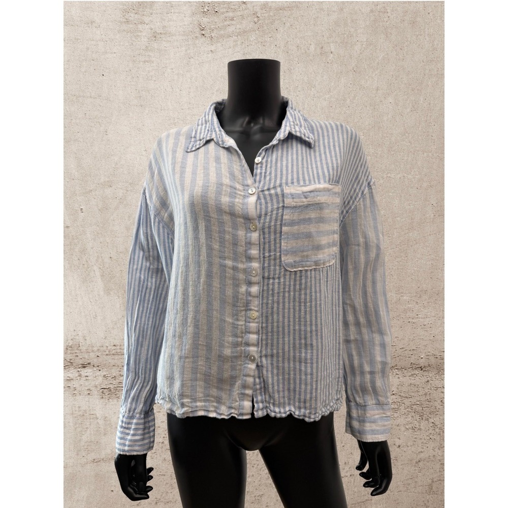 Nicole Miller 100% Linen Striped Button Shirt Blue White Women's L Relaxed